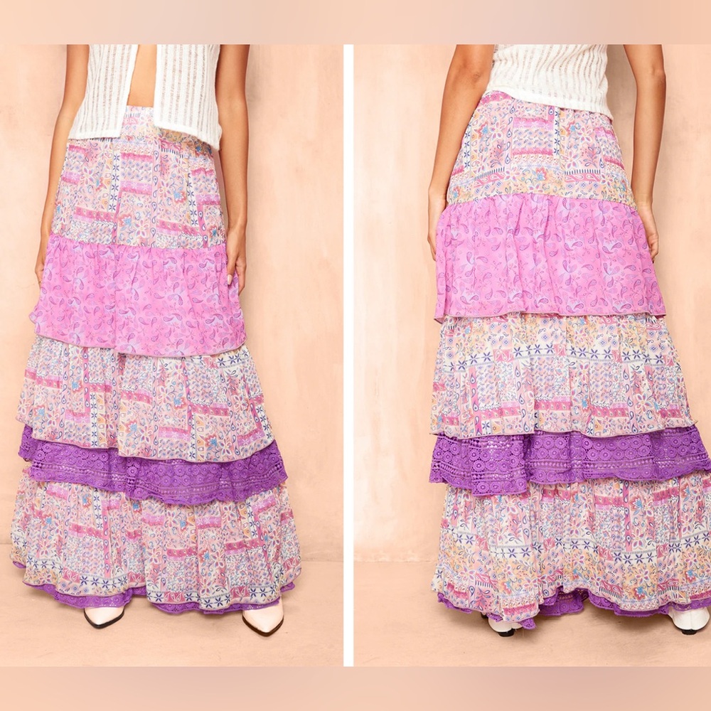 PURPLE PAISLEY PRINT CHIFFON TIERED MAXI SKIRT